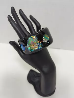 Buy Studio Art Glass Cuff Bracelet Heart Squares Black Iridescent Handcrafted 6.5   • 42.01£