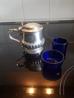 Buy Silver Plated Antique Condiment Mustard Dish Jug Cobalt Blue Glass Inserts • 10£