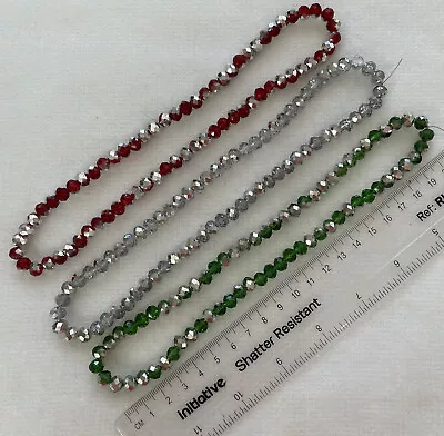 Buy Rondelle Czech Crystal Glass Faceted Beads 6mmx8mm. Red/Green/Clear With Silver • 7.50£