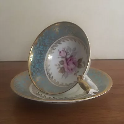 Buy Vintage Pink Rose Turquoise & Gilt Aynsley English Bone China Cup & Saucer • 28£