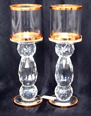 Buy Pair Of Exquisite Heavy Glass Candle Holder, Clear With 3 Golden Bands , New • 22£