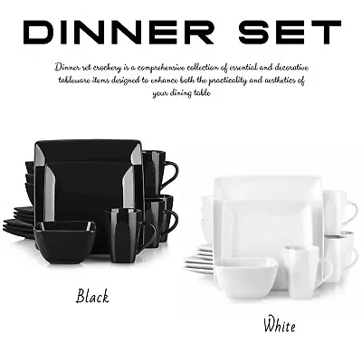 Buy Dinnerware Black White Square Plates Mug Bowl 4 8 16 Pcs Stoneware Dinner Set • 26.95£