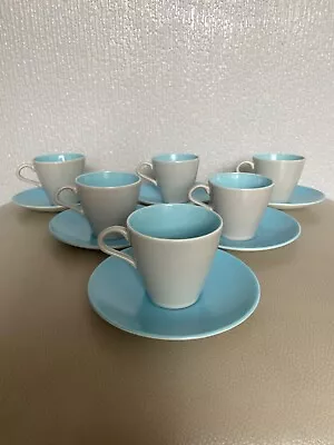 Buy Poole Pottery Twintone Blue & Seagull Grey Tea / Coffee Cups And Saucers X 6 • 15£