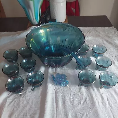 Buy Vintage Indiana Blue Carnival Glass Harvest Grape Punchbowl & 12 Cups • 46.60£