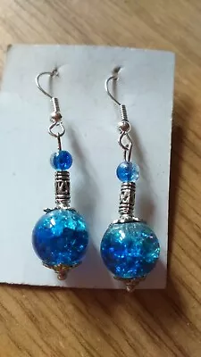 Buy Royal Blue Crackle Glass Earrings With Tibetan Silver Fancy Detail • 3.99£
