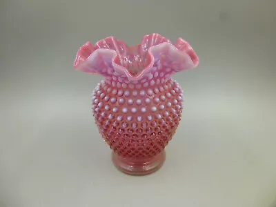 Buy Vintage Fenton Glass Cranberry Pink Hobnail Vase 6 Inch White Opalescent Ruffled • 27.95£