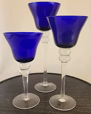 Buy Set Of 3 Votive Candle Holders Offset Cobalt Blue Glass Tall Clear Stemmed NEW • 12.07£