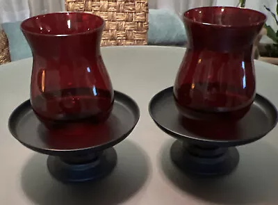 Buy Glass Hurricane Candle Holders Ruby  Red  With Clear Base PAIR 12” • 69.89£