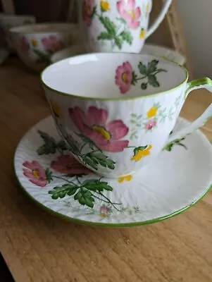 Buy Tea Set Vintage Complete Hand Painted 21 Piece Pink Poppy Green Trim • 90£