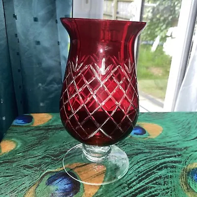 Buy Ruby Red Cut Bohemian Style  Glass Hurricane Lamp  Candle  Lamp Vintage • 27£