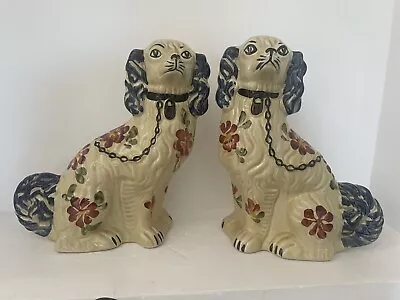 Buy Vintage Pair Spaniel Siltone Staffordshire Wally Dogs 12”Blue Chain Hand Painted • 99£