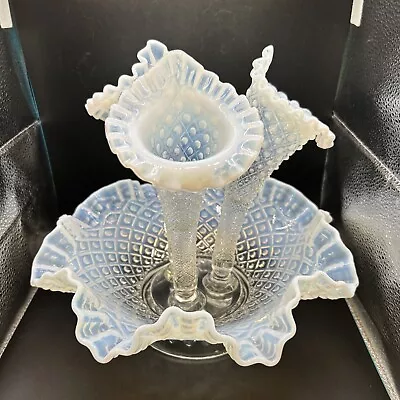 Buy AntiquFenton Art Glass White Opalescent Diamond Lace Ruffled 3 Horn Epergne Vase • 140.04£