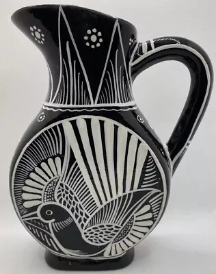 Buy Native American Art Pottery Glossy Black White Bird Vase Pitcher Jug Southwest • 37.28£
