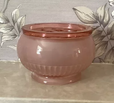 Buy Vintage Deco Pink Frosted Glass Rose Bowl / Vase With Lattice Frog Lid. Ex Con • 17.50£