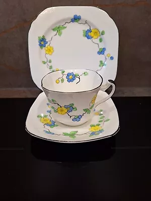 Buy Vintage Art Deco Heathcote China Yellow & Blue Flowers Hand Painted Trio Fab!!! • 12.95£