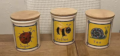 Buy Cloverleaf T G Green Pottery Canisters X3 Wooden Lids Snail Bee Tea Sugar Coffee • 24.95£