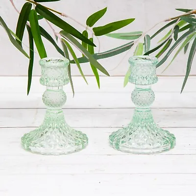Buy 2 X Vintage Green Glass Harlequin Dinner Candle Candlestick Holders Table Decor • 10.95£