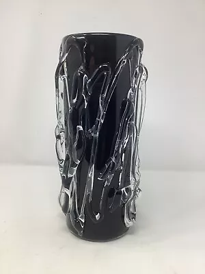 Buy Vintage Murano Art Glass Black With Clear Glass Applied Trails Large Heavy Vase • 85£