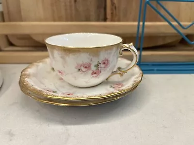 Buy Antique English China Royal Crown Derby Cup 2 Saucers Duo Pink Roses Garlands • 45£