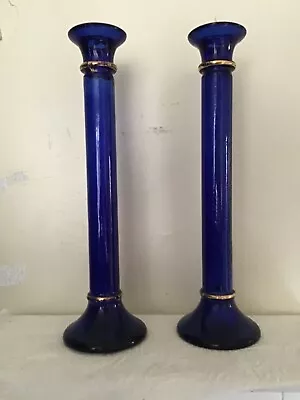 Buy Pair Of Cobalt Blue Glass Candle Stick Holders. Gold Detail 28cm Tall Stunning • 16.99£