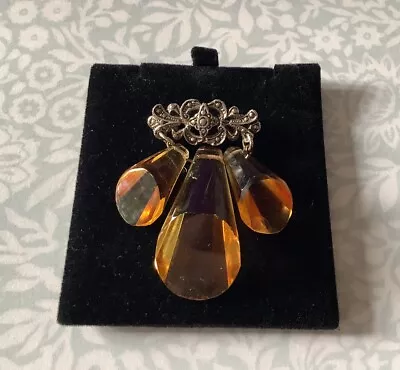 Buy Antique French Art Deco Silver And Amber Glass Droplet Brooch • 29£