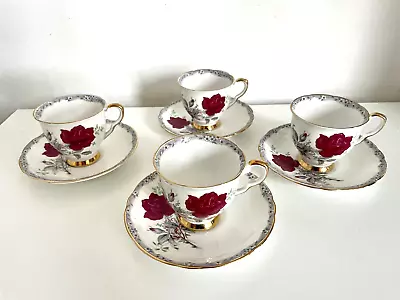 Buy 4x Vintage Royal Stafford Bone China Roses To Remember Coffee Cups & Saucers Set • 17£