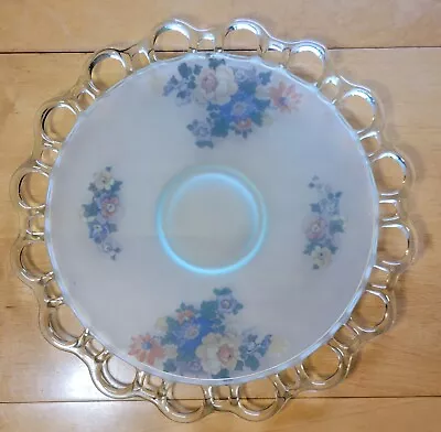 Buy Vintage Rare Large 13.25  Lace Edge Green Satin Floral Glass Serving Plate • 29.82£