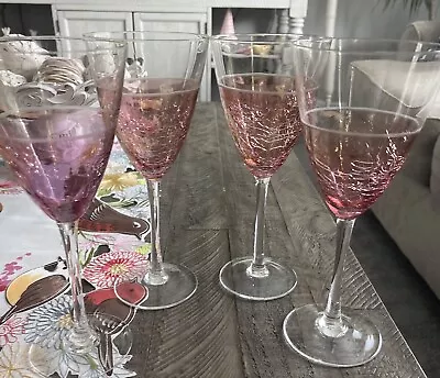 Buy Set Of 4 Elements Pink Purple Clear Crackle Glass Wine Glasses  10  NWT • 23.29£