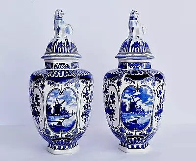 Buy Delft Blue & White Lidded Vase Foo Dog Ginger Jar Windmill - Excellent • 125.81£