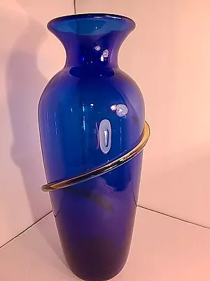 Buy VTG Signed Richard Blenko 2000 Hand Blown Cobalt Blue Vase Amber Applied Swirl • 74.68£