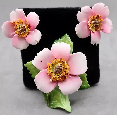 Buy Vintage Adderley England Bone China Pink Flower Pin & Clip On Earring Set • 13.54£