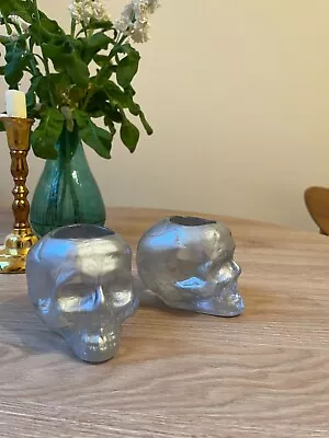 Buy Pair Of Silver Kosta Boda Art Glass Still Life Skull Votive Candle Holders • 20£