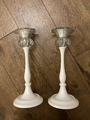 Buy NEW Laura Ashley Pair Of Ceramic / Glass Ivory / Cream Tall Candlesticks Holders • 25£
