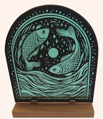 Buy Turquoise Fish Under The Moon. Unique Style Leaded Stained Glass Panel.  • 75£