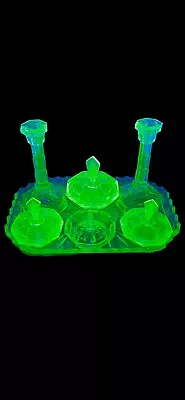 Buy 7 - Piece Sowerby Uranium Vaseline Glass Vanity Set • 59.99£