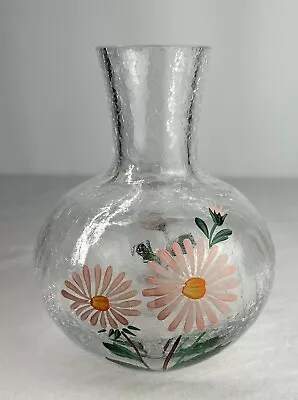 Buy Crackle Glass Vase Hand Painted Clear Small W/ Pink Daisies - 5 3/4” Tall • 14.90£