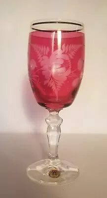 Buy B&B Czech Republic Cranberry Pink Cut Wine Glass Engraved Gold • 9.32£