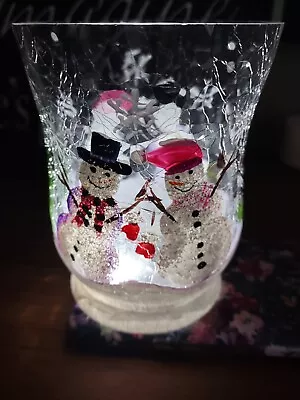 Buy Crackle Glass Hand Painted Snowmen Christmas Candle Holder Rare 4in X 3.5in🌲⛄❄️ • 9.33£