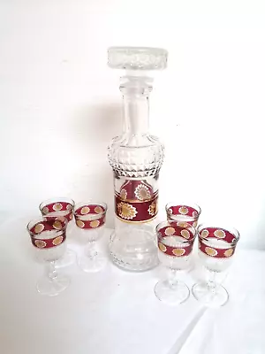 Buy French Luminac Vintage Glass Decanter And Six Stemmed Glasses Burgundy And Gold  • 14.95£