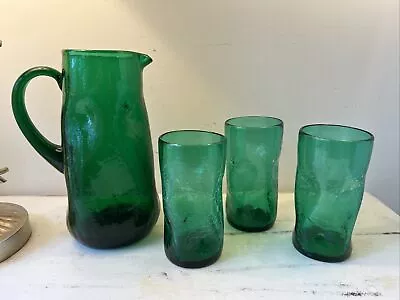 Buy Pilgrim MCM Emerald Green Pinched Crackle Glass Pitcher And  3 Tumblers 5.75” • 61.62£