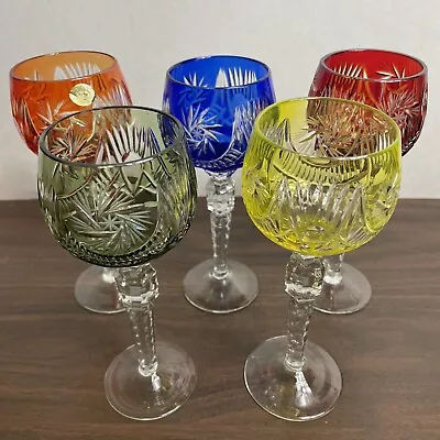 Buy Lot Of 5 Bohemian Colored Cut To Clear Crystal Wine Goblets 24% Pbo • 116.49£
