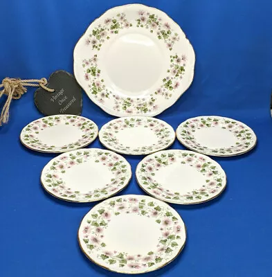 Buy Queen Anne 7 Piece CAKE PLATE Set * Pink Flowers Green Leaves Vintage 1960s VGC • 10£