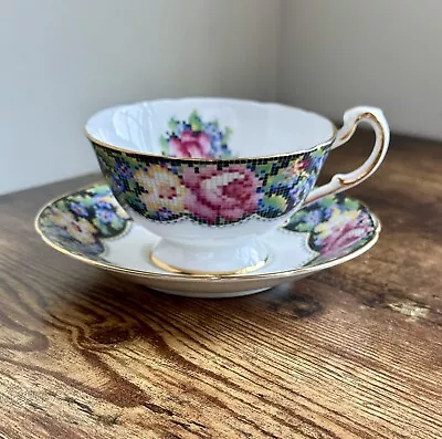 Buy Vintage Paragon Teacup And Saucer - Gingham Rose Needlepoint Chintz China • 32.58£