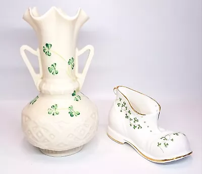 Buy Vintage Ireland Belleek Porcelain Vase & Royal Tara Bone China Shoe Shamrocks • 33.60£