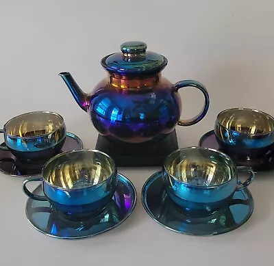 Buy Vintage Rainbow Fusion Borosilicate GLASS Teapot 9pc Tea Set NOT METALLIC -Retro • 45.66£