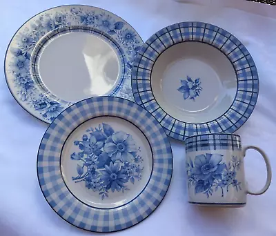 Buy Coventry Blue Gingham 14-piece Dinnerware Set. Blue/White Floral Stoneware • 41£