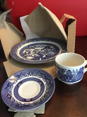 Buy Classic Blue Willow 3 Pc Dinner Set NIB Churchill England Plate Cup Saucer NEW • 13.98£