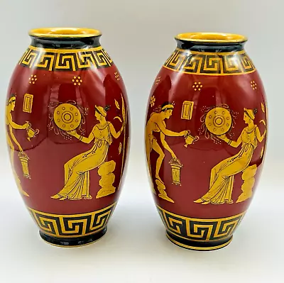 Buy Rare Pair Antique Royal Doulton Red Greek Mythological Greek Key Porcelain Vases • 153.77£