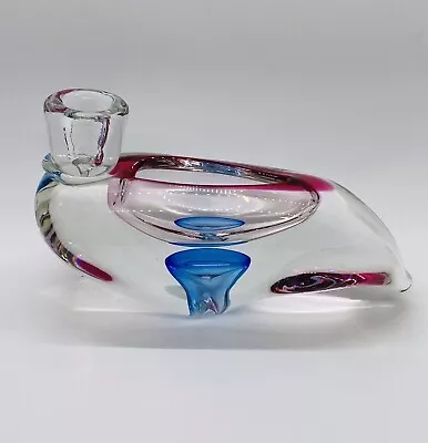 Buy Vtg Czech Bohemian Art Glass Clear Blue Red Candlestick Holder & Vase Heavy 60s • 37.23£
