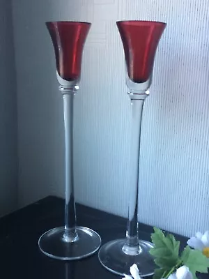 Buy PAIR Of Candlesticks Glass Tulip Shaped Top Red W/Clear Stem Décor Candle Holder • 14£